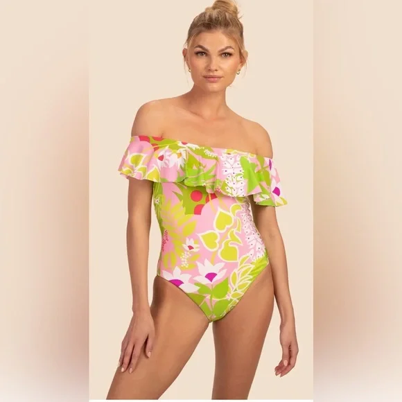 NWT Trina Turk Plus Size 14 La Palma Swimsuit Pink and Green One Piece - Picture 1 of 8